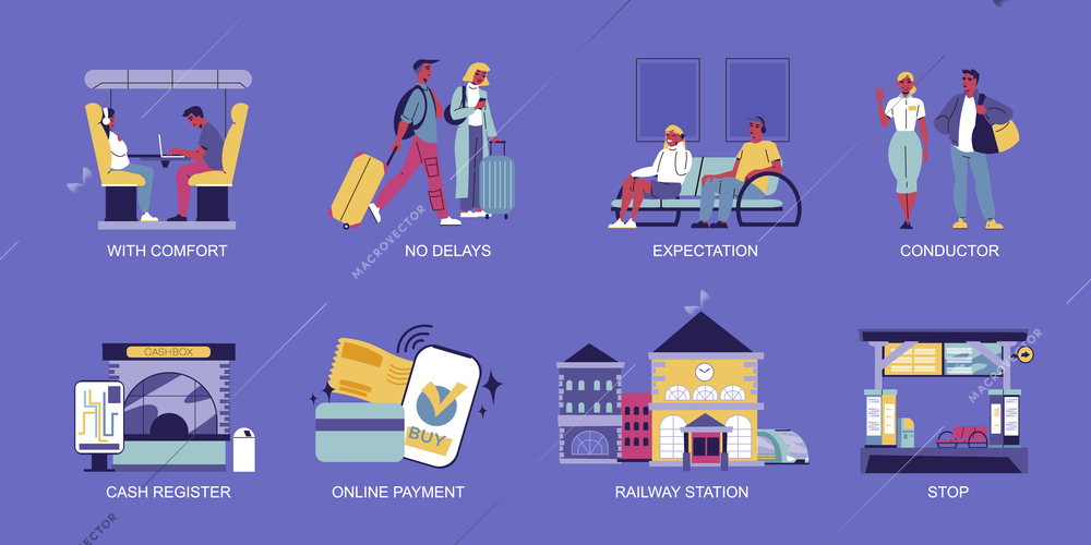 Railway station icons set with cash register and online payment isolated vector illustration