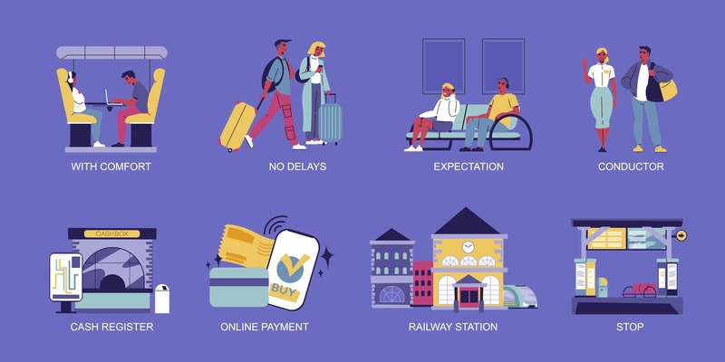 Railway station icons set with cash register and online payment isolated vector illustration