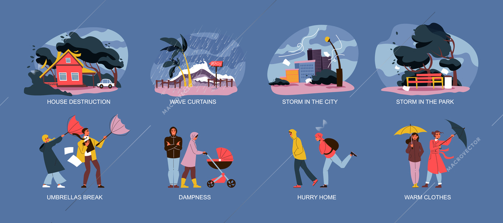 Rain storm flat composition set with people in waterproof clothers and natural disaster scenes isolated vector illustration