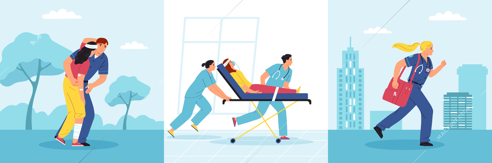 First aid flat composition set with paramedics with emergency patients isolated vector illustration