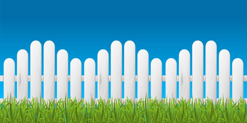 Rustic composition with green grass and white wooden fence on clear blue sky realistic background vector illustration