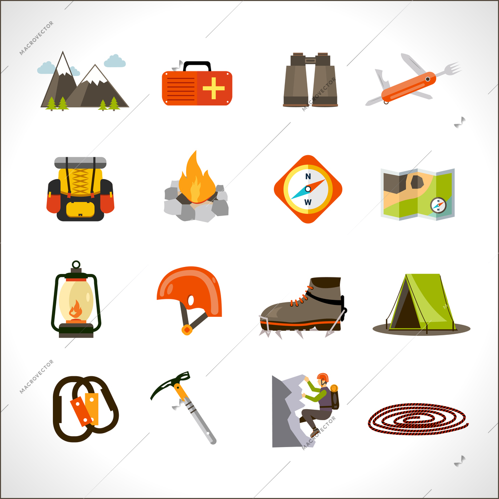 Mountain climbing and extreme adventure tourism flat icons set isolated vector illustration