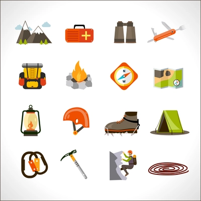 Mountain climbing and extreme adventure tourism flat icons set isolated vector illustration
