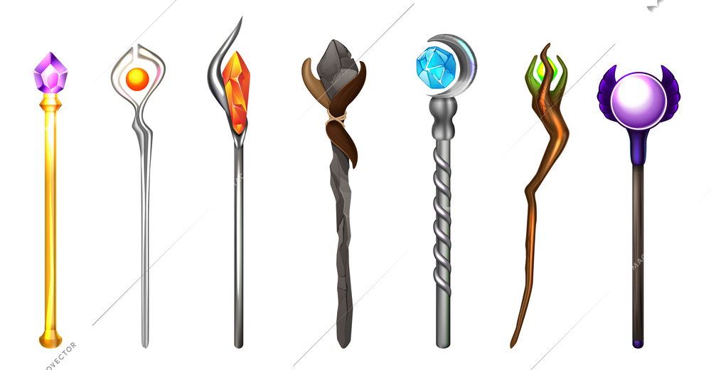 Collection of magic wands decorated with precious stones realistic set isolated at white background vector illustration