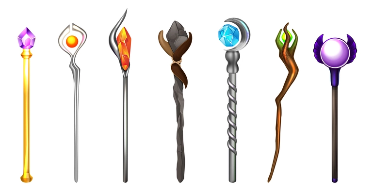 Collection of magic wands decorated with precious stones realistic set isolated at white background vector illustration