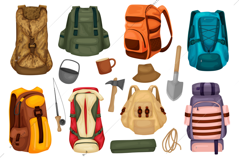 Hiking items flat set of backpack travel mat touristic pot rope axe shovel isolated vector illustration