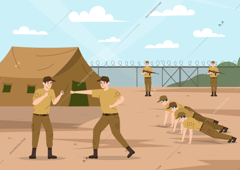 Military training flat composition two men practice their kicks the rest do push ups on the military base vector illustration