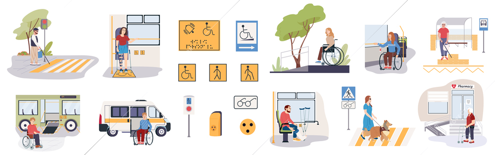 Accessible environment set with transport symbols flat isolated vector illustration