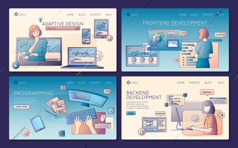 Software development flat line set of web site landing pages with clickable links text and images vector illustration