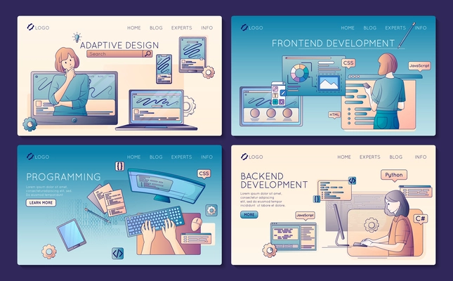 Software development flat line set of web site landing pages with clickable links text and images vector illustration