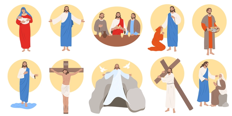 Jesus christ life flat set isolated on white background vector illustration