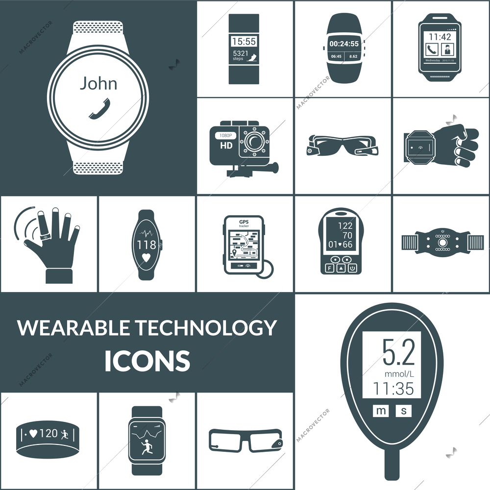 Wearable technologies icons black set with smart portable electronic isolated vector illustration