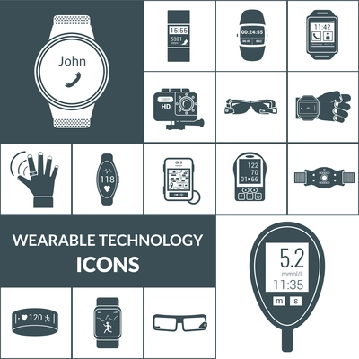 Wearable technologies icons black set with smart portable electronic isolated vector illustration