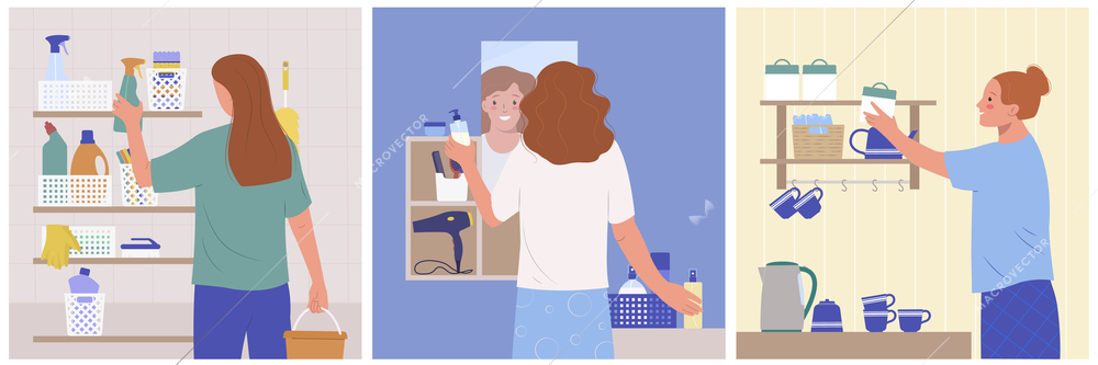 Storage room set with woman organizing things in bathroom laundry and kitchen isolated vector illustration
