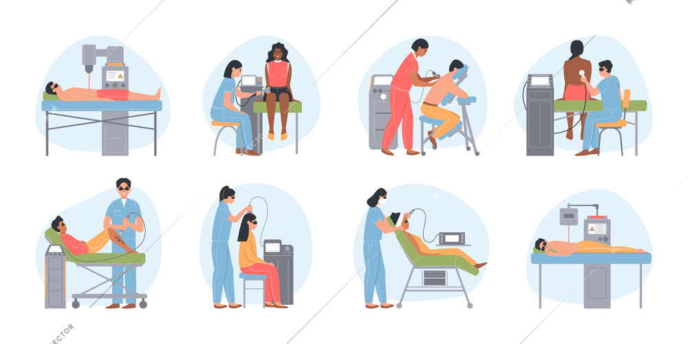 Set with eight isolated round laser therapy flat compositions of medical apparatus physicians and patients characters vector illustration