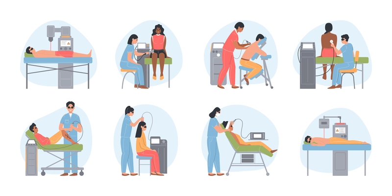 Set with eight isolated round laser therapy flat compositions of medical apparatus physicians and patients characters vector illustration