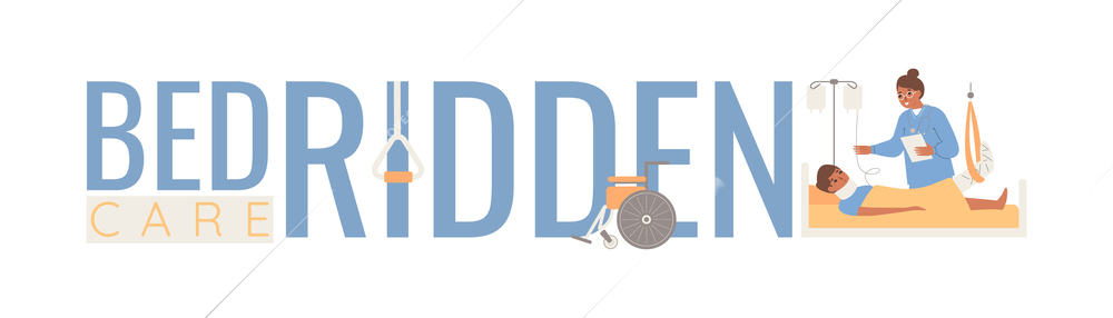 Bedridden care flat text composition with medical equipment icons wheelchair and characters of patient and doctor vector illustration