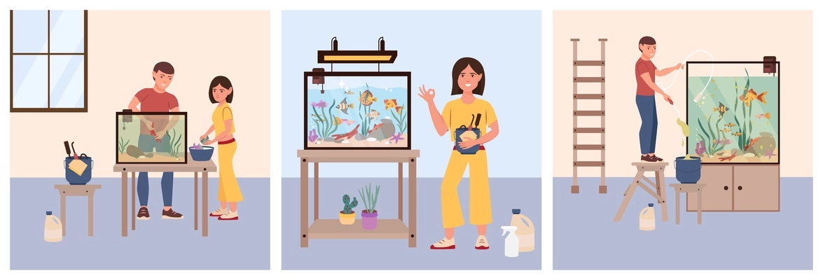 Set of three aquarium clean care flat compositions with indoor views of people cleaning up aquariums vector illustration