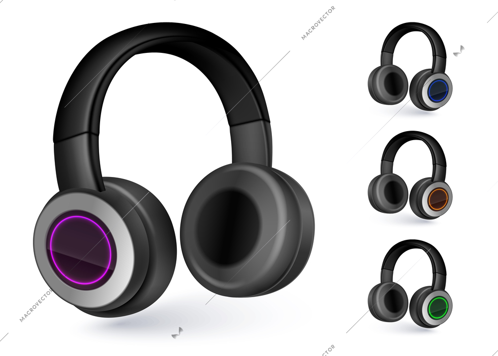 Stereo headphones realistic design concept set of similar wireless audio equipment isolated vector illustration