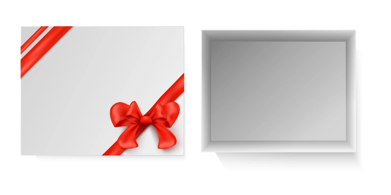 Empty white gift box decorated with red ribbon and bow realistic concept isolated vector illustration