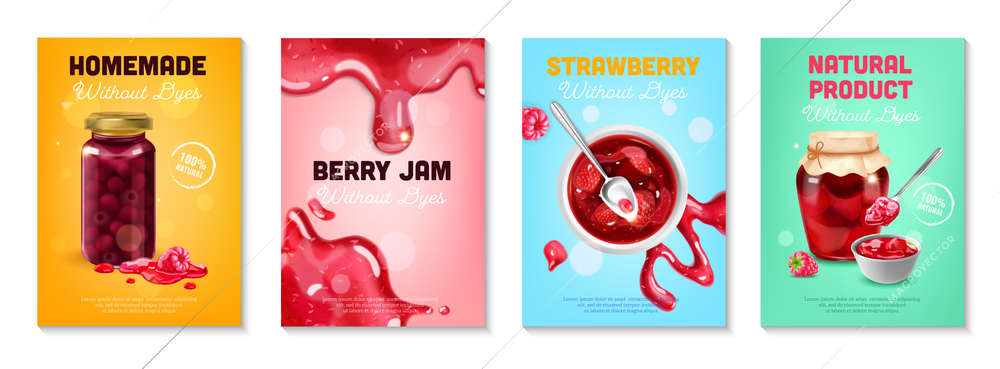 Realistic jam poster set with vertical backgrounds editable text and berry jam in glass cans plates vector illustration