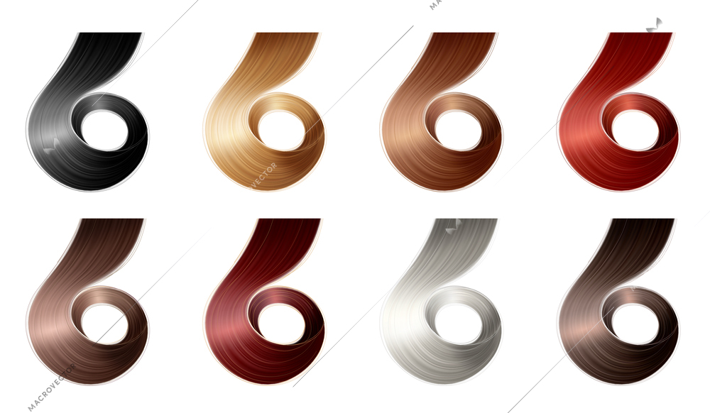 Realistic hair color samples set with isolated similar coils painted in different color on blank background vector illustration