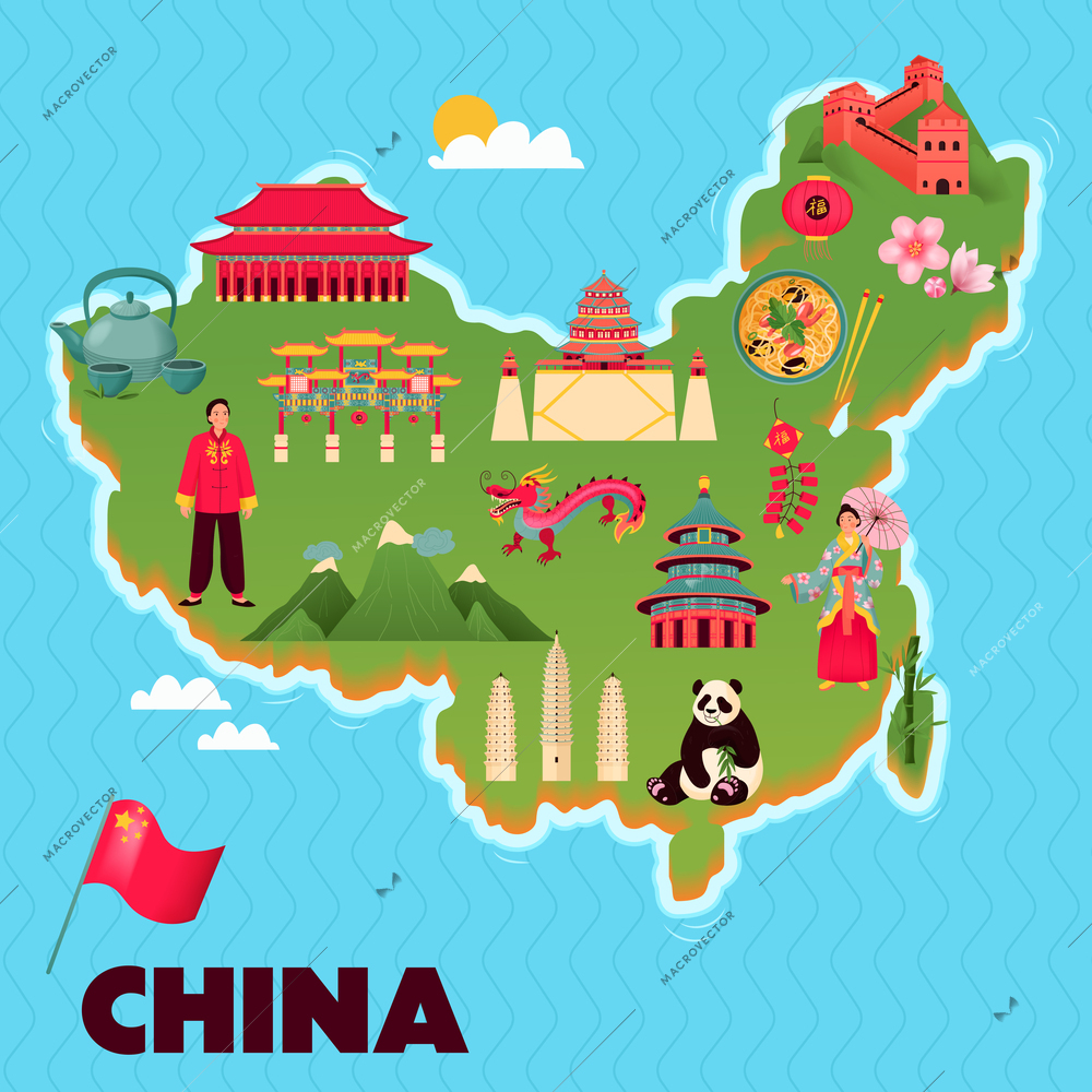 China map flat concept with travel symbols and landmarks vector illustration