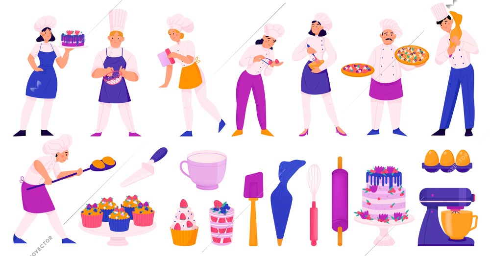 Confectioner chefs color set with isolated icons of kitchenware sweet products and doodle characters of cooks vector illustration