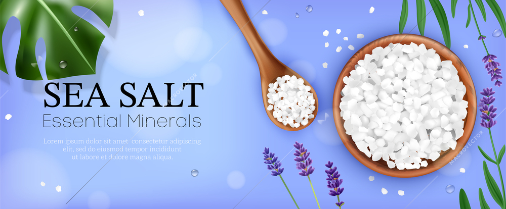 Realistic sea salt poster with top view of spoon and mug full of salt with text vector illustration