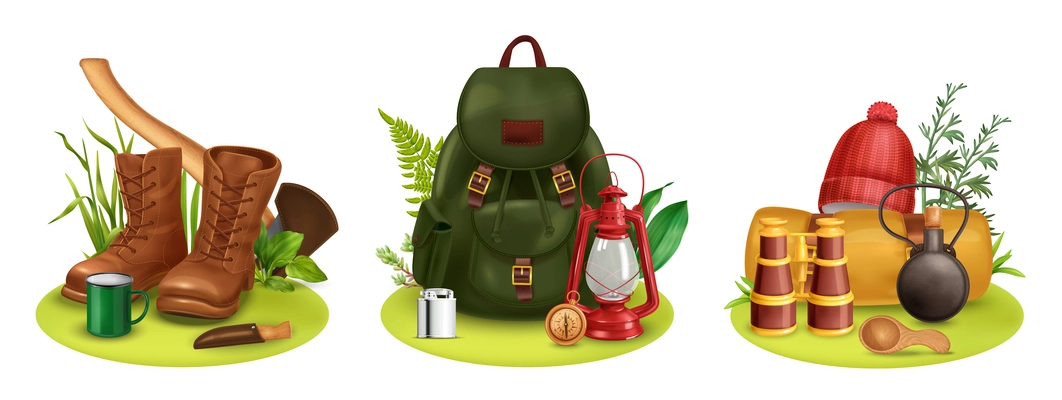 Realistic vintage camping set of three isolated compositions with backpack shoes tools and binocular in grass vector illustration