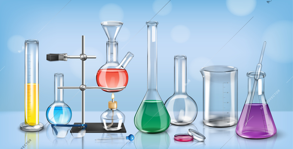 Realistic laboratory composition with front view of glass table with jars flasks and test tube stands vector illustration