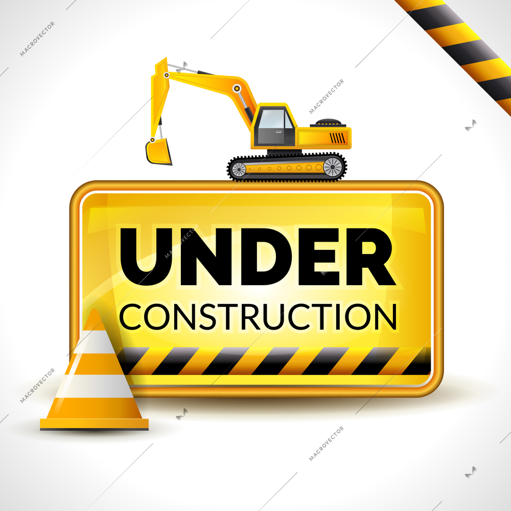 Under construction poster with warning sign and yellow reconstruction cone vector illustration