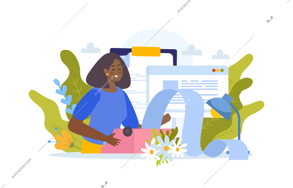 Writer flat composition with black woman character surrounded by leaves flowers with paper roll from typewriter vector illustration