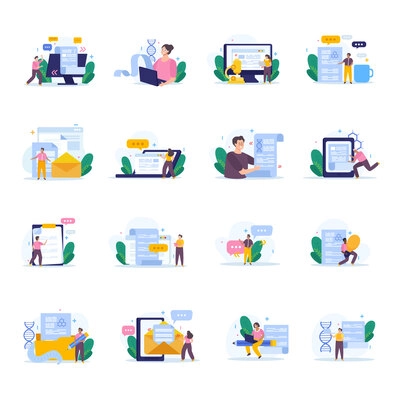 Set of isolated scientific articles writing flat icons with doodle characters thought bubbles papers and gadgets vector illustration