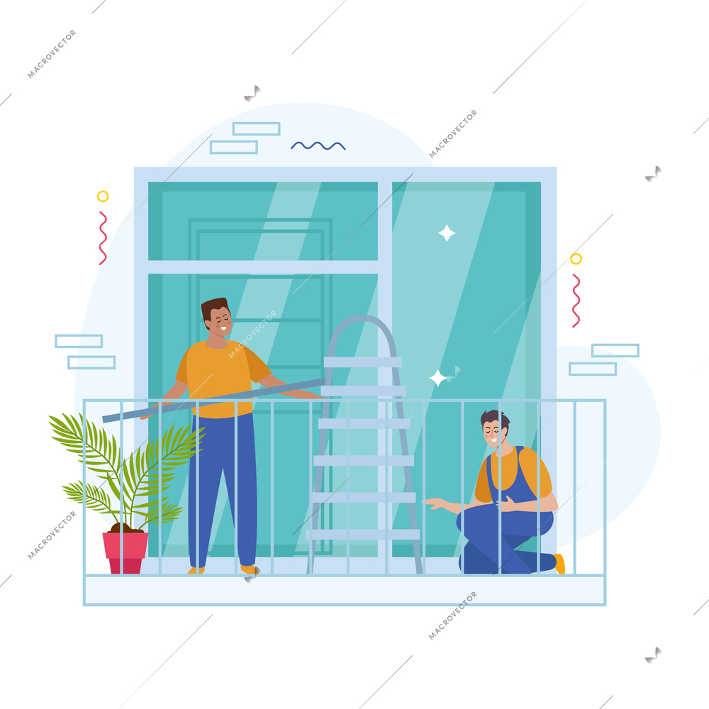 Plastic windows flat composition with isolated front view of balcony with workers in uniform installing window vector illustration
