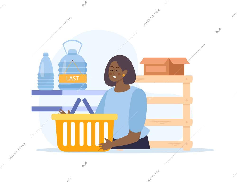 Shortage of goods flat composition with doodle character of unhappy black woman with empty shopping basket vector illustration