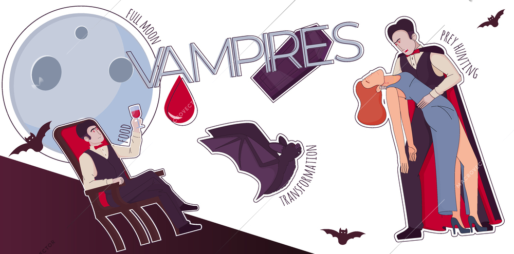 Vampire bat composition with collage of flat doodle characters icons of full moon and prey hunting vector illustration