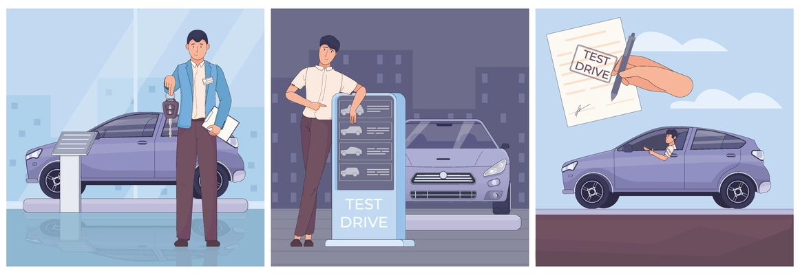 Test drive car set of three square compositions with automobile showroom and characters of dealers drivers vector illustration