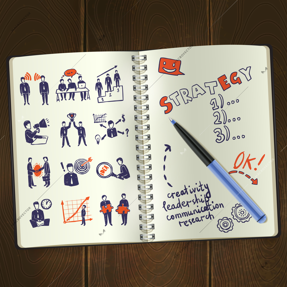 Sketch meeting icons in notepad on wooden table background vector illustration