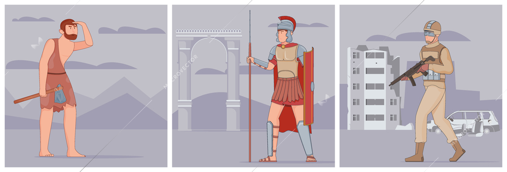 War evolution history set with flat compositions of ancient warrior medieval knight and modern army soldier vector illustration