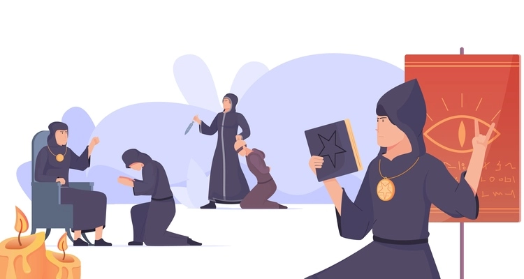 Sect cult flat composition with characters of cultists with books knives and prayers with burning candles vector illustration
