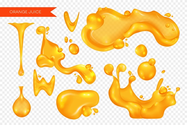 Realistic orange liquid splashes isolated on transparent background vector illustration