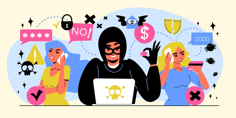 Cyber crime flat composition with hacker stealing money online vector illustration