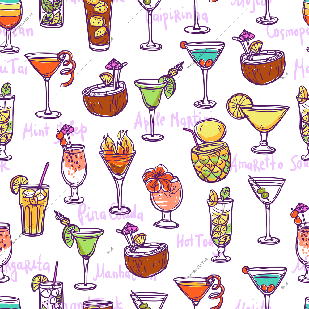 Cocktail seamless pattern with hand drawn sketch alcohol refreshments vector illustration