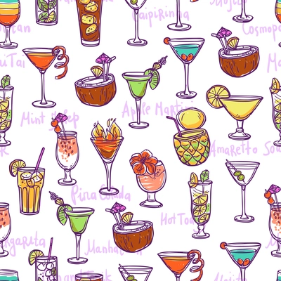 Cocktail seamless pattern with hand drawn sketch alcohol refreshments vector illustration