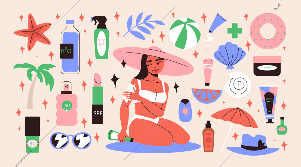 Sunblockg flat icons set with woman in bikini appying sunscreen product isolated vector illustration