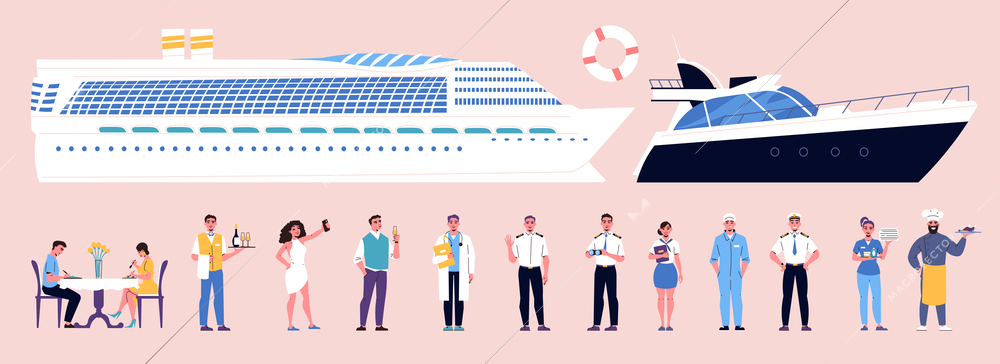 Ship sailor flat icons set with cruising crew members isolated vector illustration