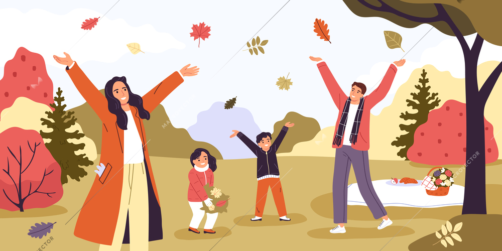 Autumn and fall background with outdoor activity symbols flat vector illsutration