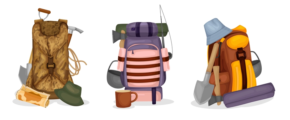 Travel time flat set of backpacks with travel mat rope axe shovel touristic utensil isolated vector illustration