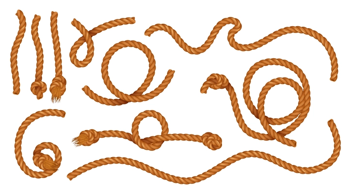 Curved pieces of natural jute cords with clove hitch knots isolated at white background vector illustration